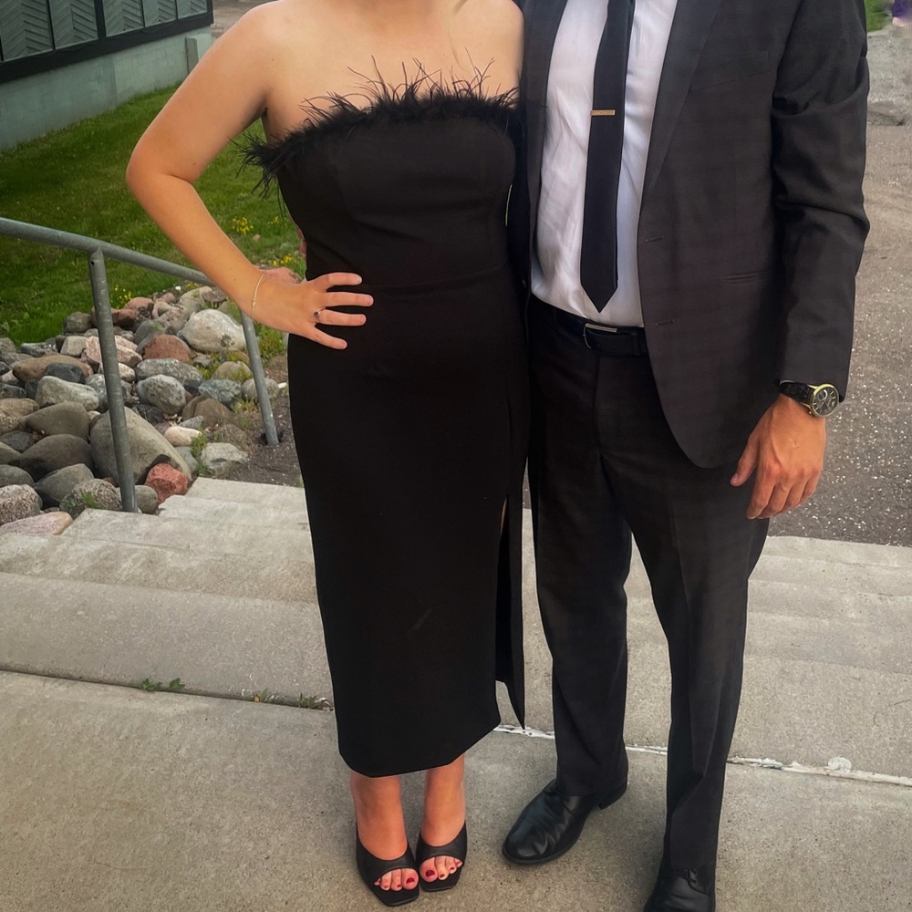 Worn once fashion nova midi slit lbd feather trim dress